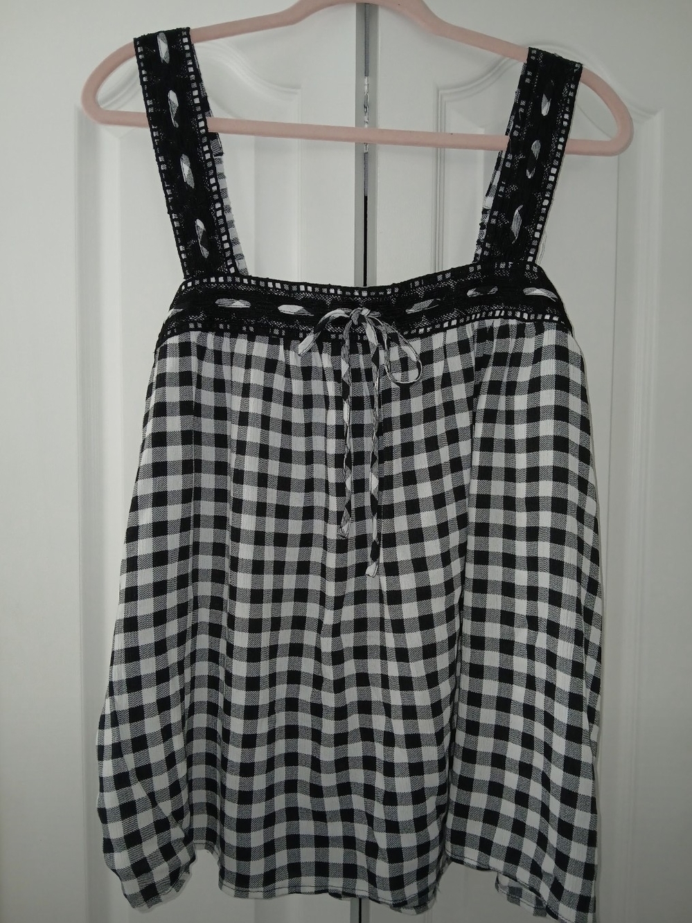 torrid Black and White Gingham Tank with Lace Trim